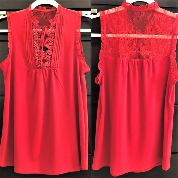 Vivid Red Lace Bib-Front Flowy & Drapey Blouse XS - Picture 7 of 16